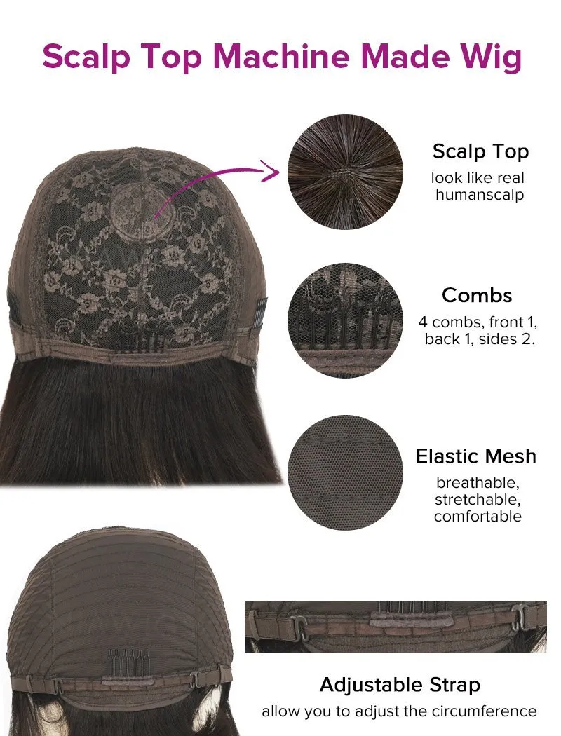 #27 Highlight Bob Straight Wig With Bangs Human Hair Scalp Top None Lace Wigs