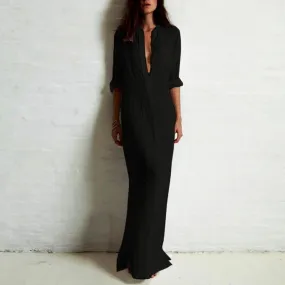 5XL Plus Size Vestidos 2018 Spring Fashion Women Sexy Casual Shirt Dress Long Sleeve Deep V Neck Split Solid Long Maxi Dress