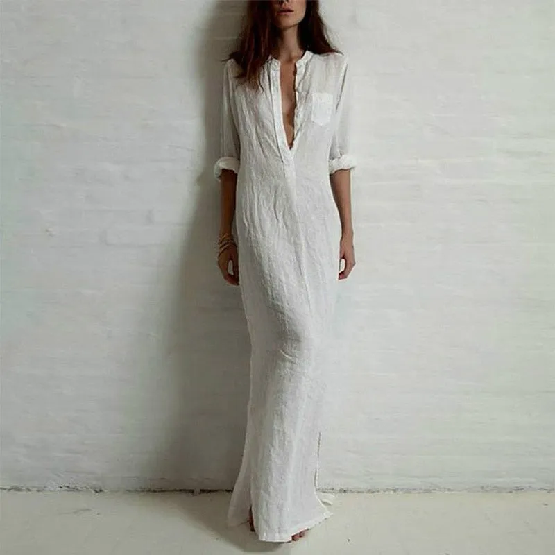 5XL Plus Size Vestidos 2018 Spring Fashion Women Sexy Casual Shirt Dress Long Sleeve Deep V Neck Split Solid Long Maxi Dress