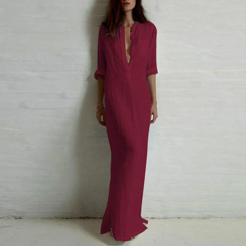 5XL Plus Size Vestidos 2018 Spring Fashion Women Sexy Casual Shirt Dress Long Sleeve Deep V Neck Split Solid Long Maxi Dress