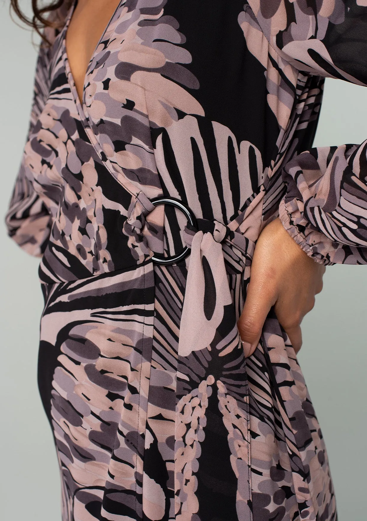 Abstract Long Sleeve O-Ring Mini Wrap Dress