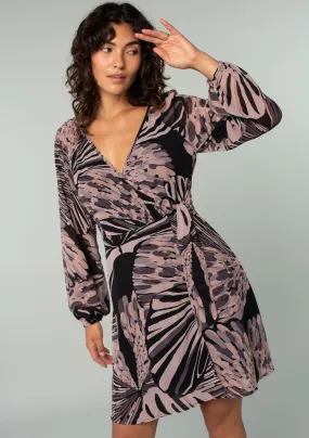 Abstract Long Sleeve O-Ring Mini Wrap Dress