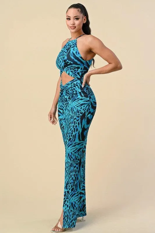 animal print sleeveless cutout maxi dress