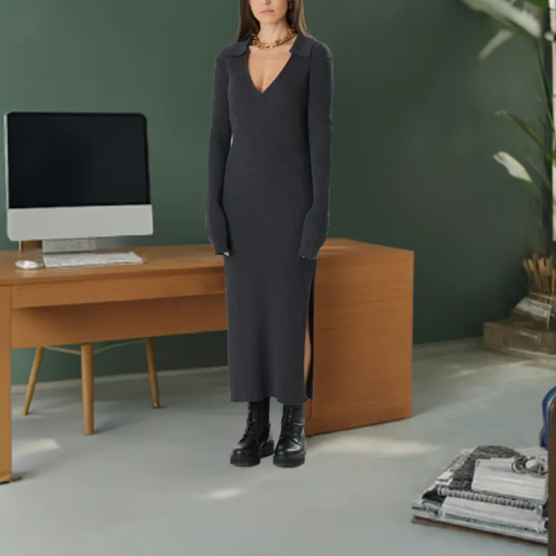 Anita Polo Knit Dark Gray Maxi Dress