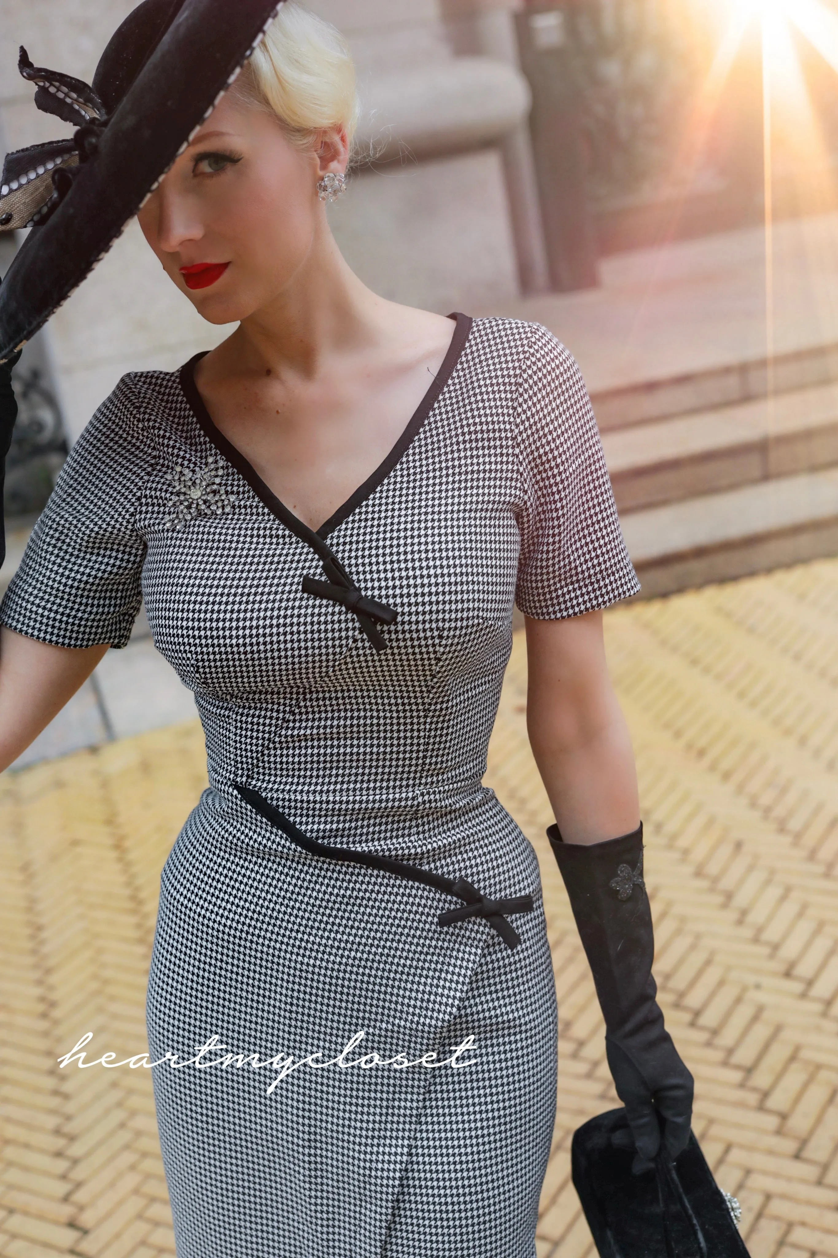 Ashley Houndstooth- retro vintage bow dress pencil