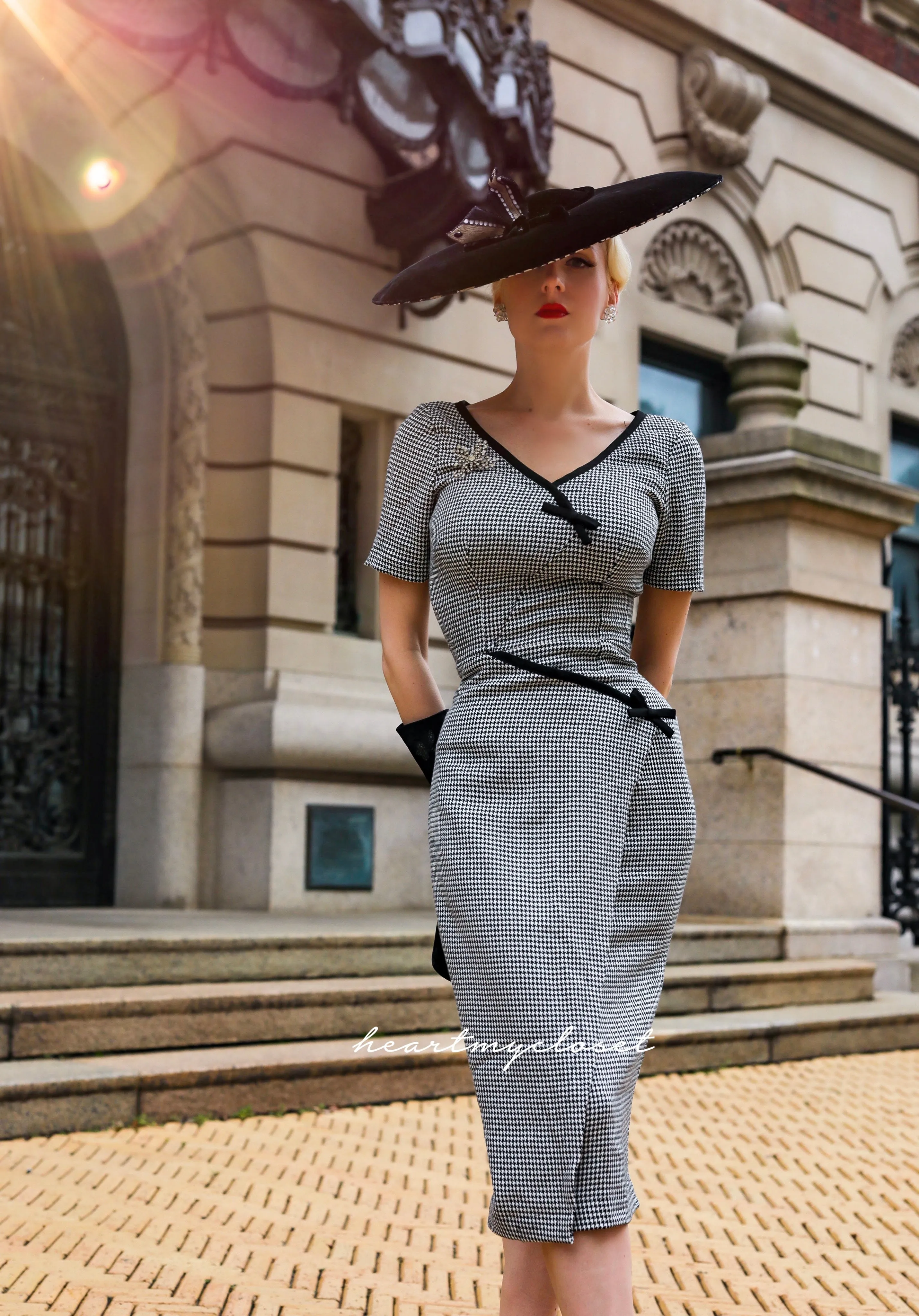 Ashley Houndstooth- retro vintage bow dress pencil