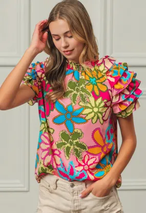 BIBI FLORAL PATTERN LAYER RUFFLE TOP
