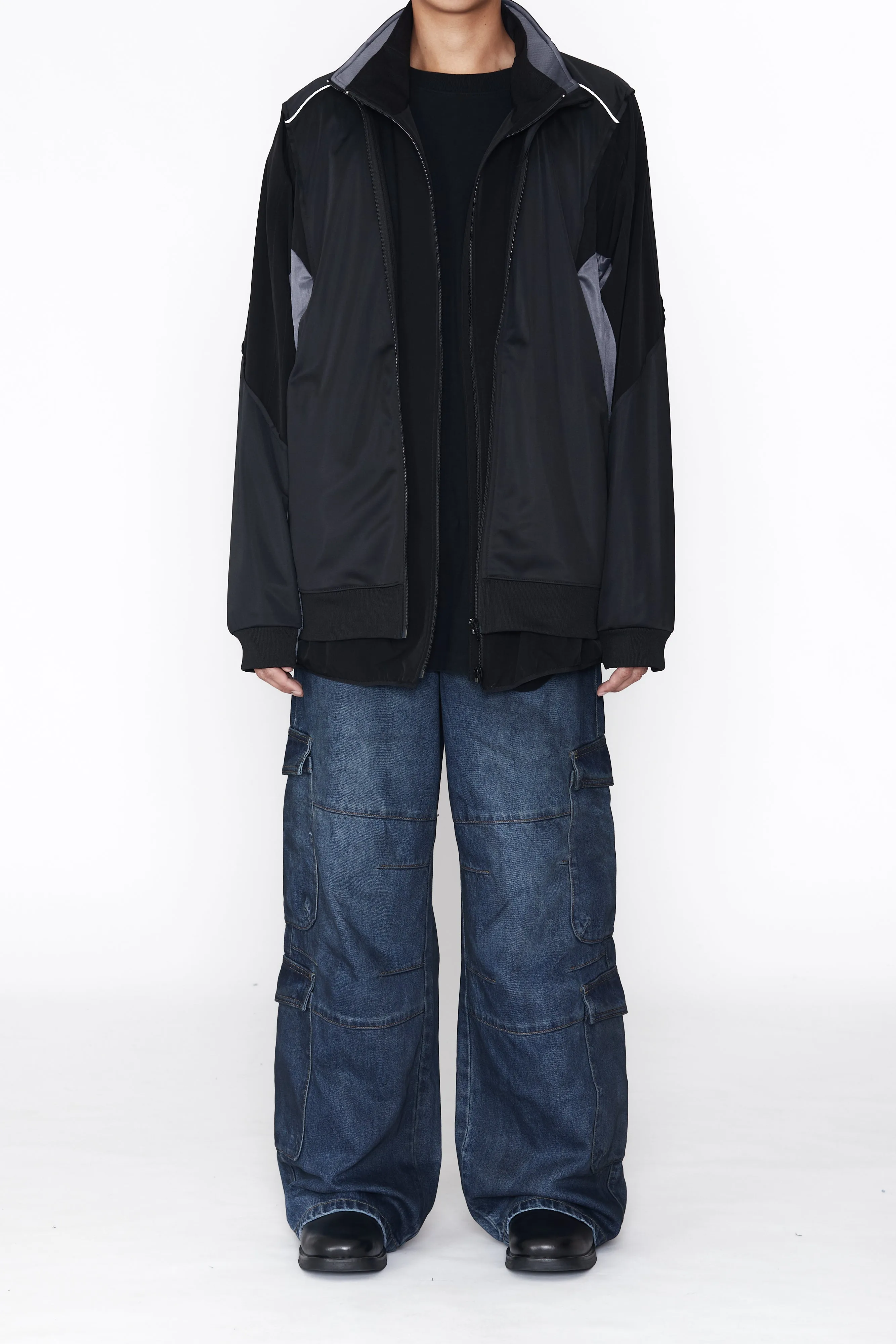 BLACK 2IN1 DOUBLE LAYER HYBRID TRACK JACKET