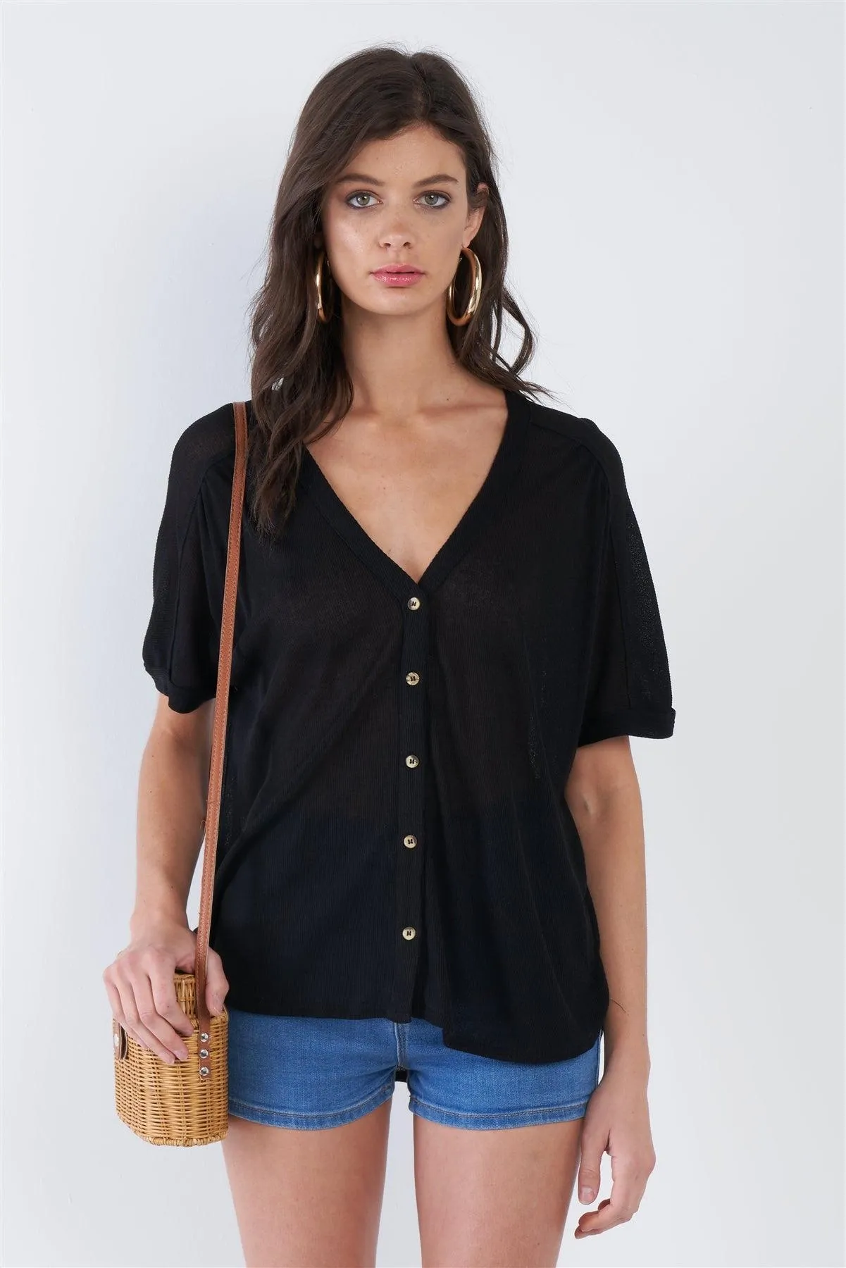 Black Relaxed Fit V-neck Front Button Down Top /1-1-1
