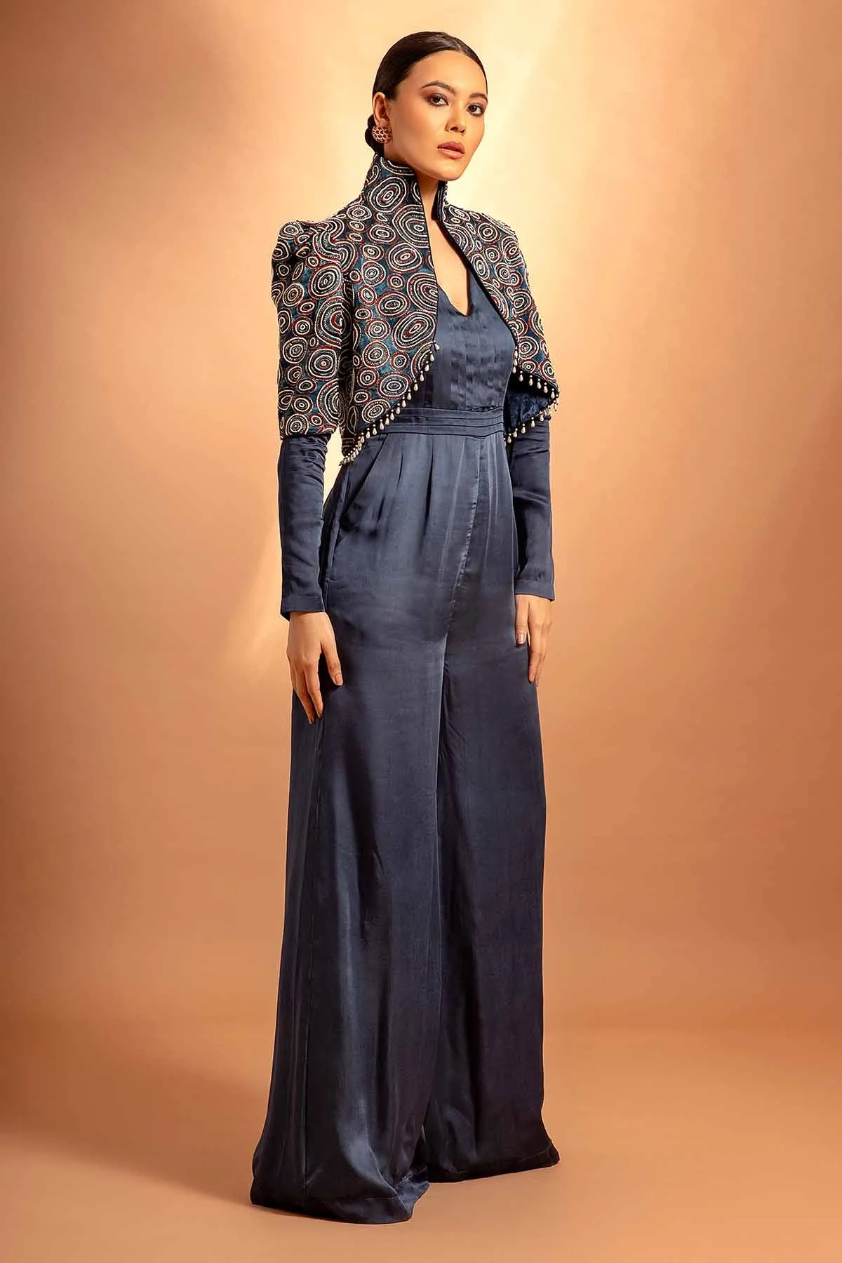 Blue Printed Jumpsuit & Jacket