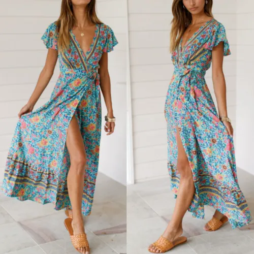 Bohemian Wrap Style V Neck Floral Maxi Dress