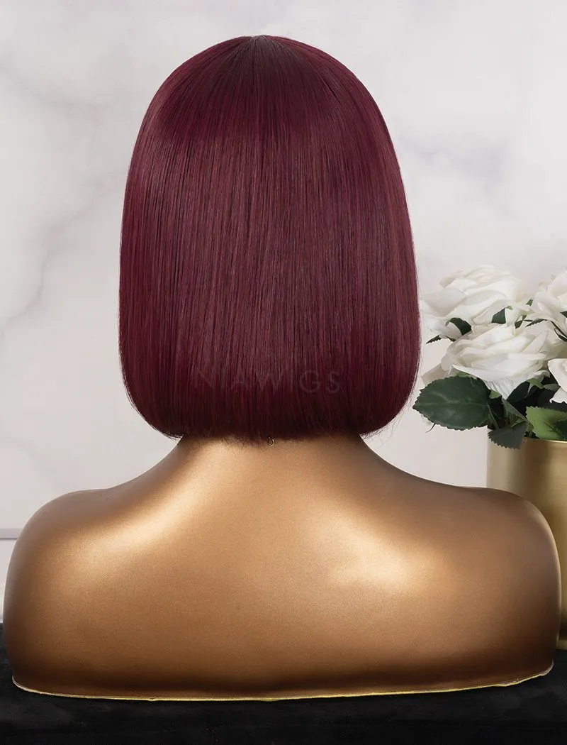 #Burgundy Color Scalp Top Wig Bob Straight With Bangs Human Hair Wigs Machine Made