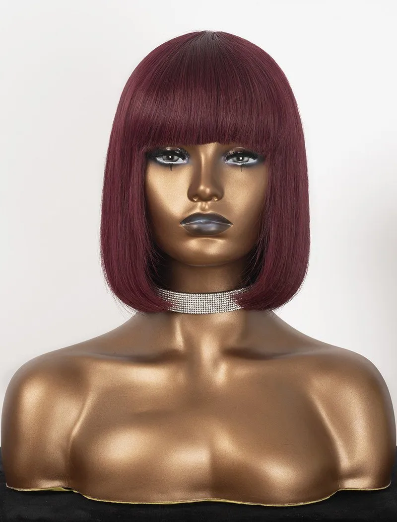 #Burgundy Color Scalp Top Wig Bob Straight With Bangs Human Hair Wigs Machine Made