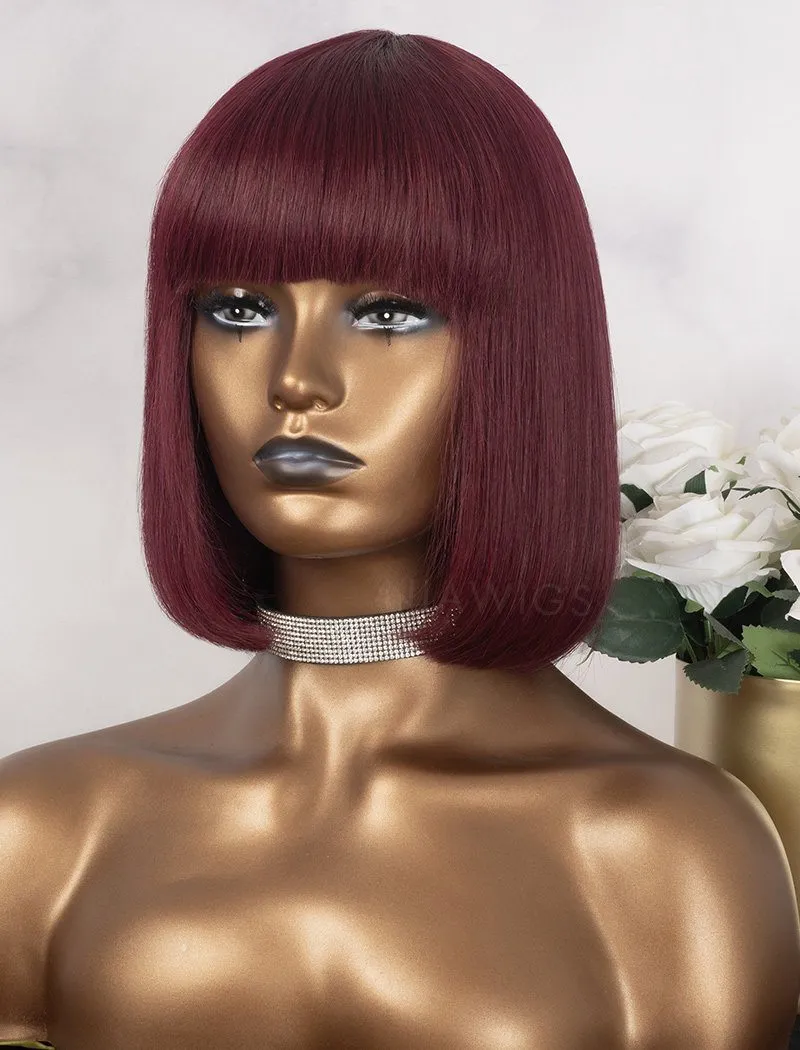 #Burgundy Color Scalp Top Wig Bob Straight With Bangs Human Hair Wigs Machine Made