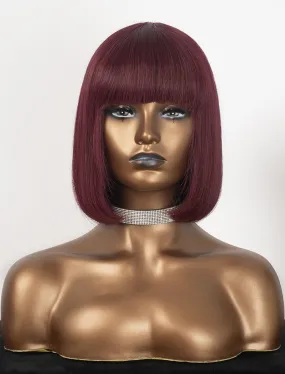 #Burgundy Color Scalp Top Wig Bob Straight With Bangs Human Hair Wigs Machine Made