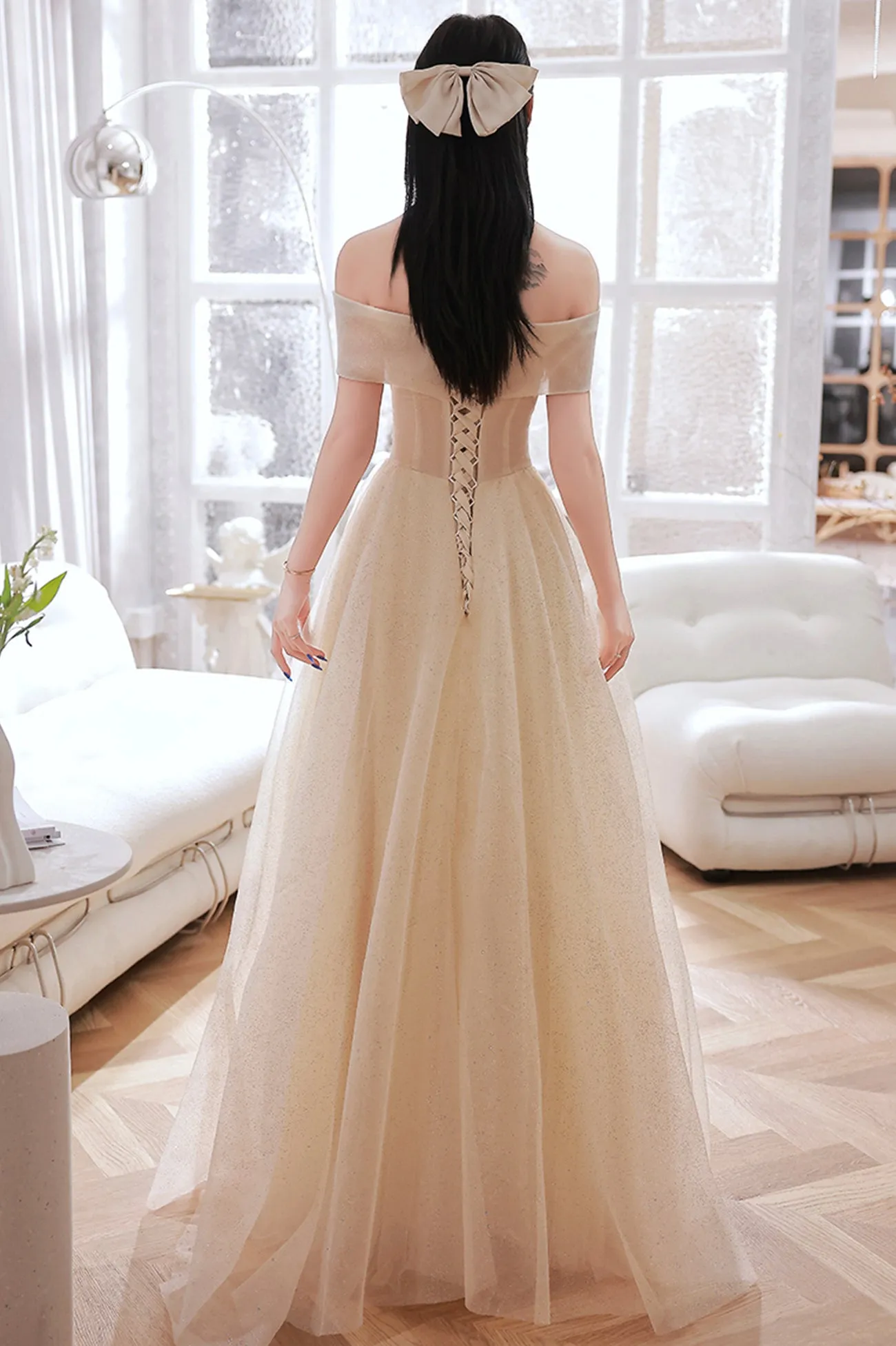 Champagne Tulle Long A-Line Prom Dress, Champagne Off the Shoulder Evening Dress