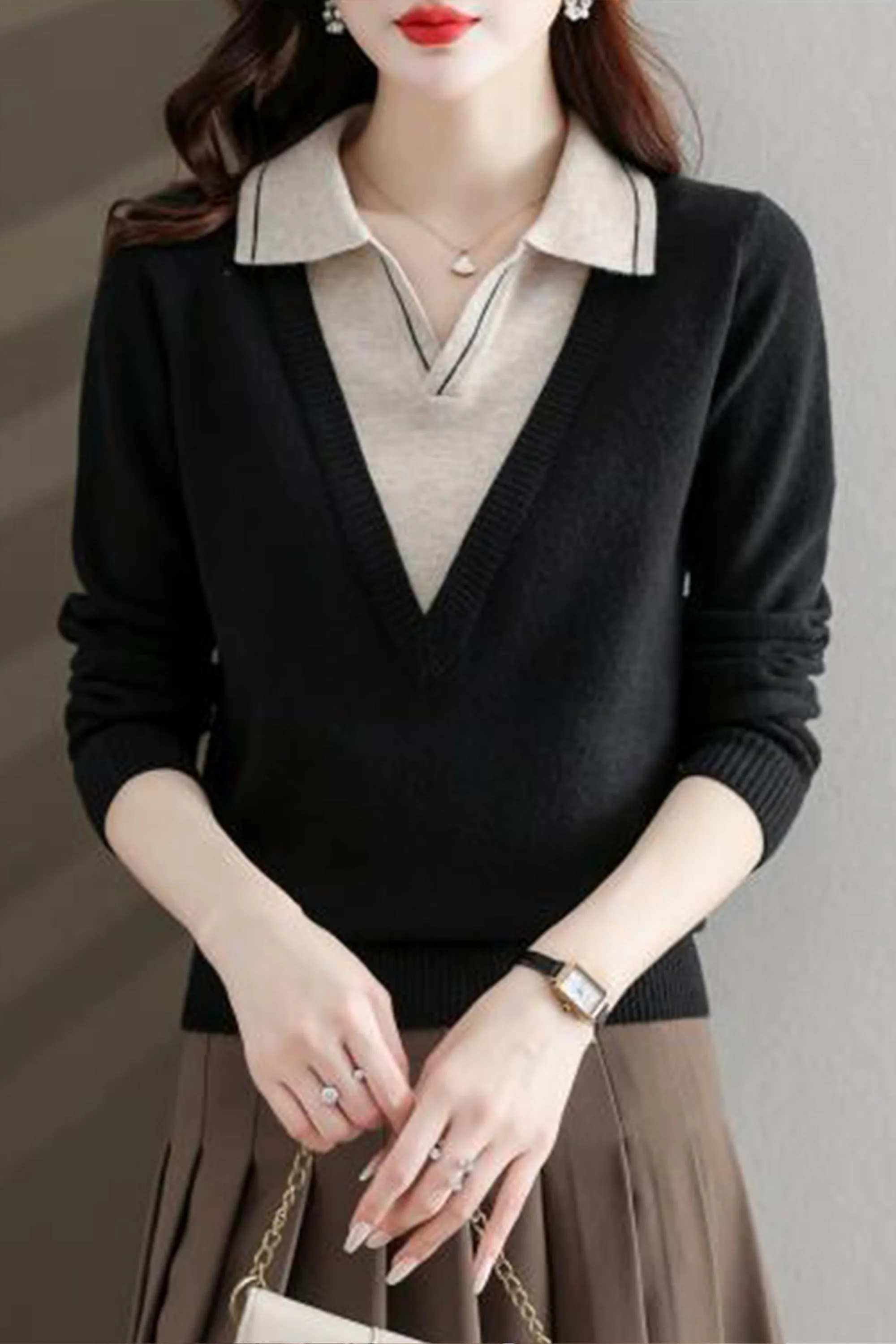 Collar Shirt V-Neck Patchwork Blouse Top