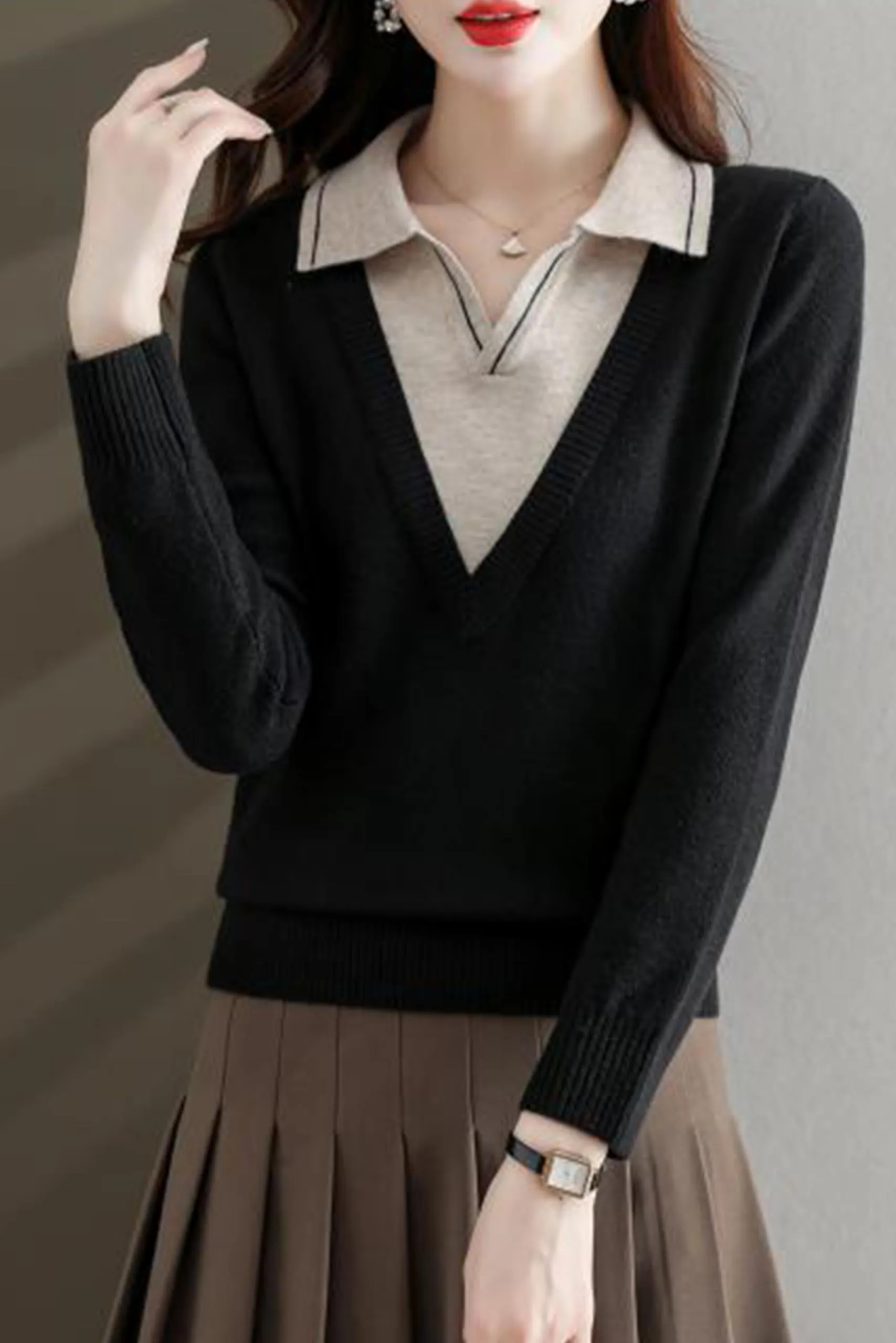 Collar Shirt V-Neck Patchwork Blouse Top