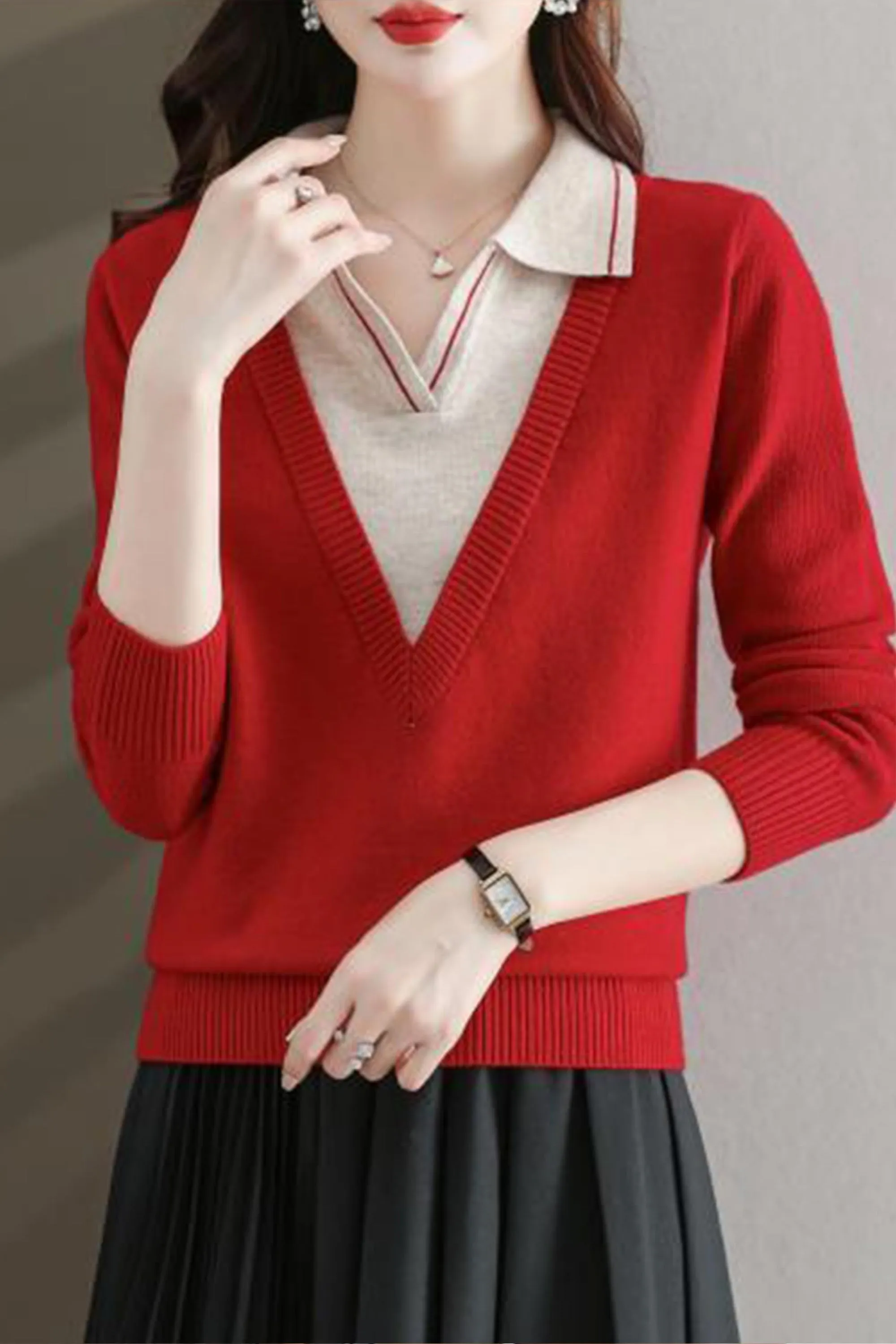 Collar Shirt V-Neck Patchwork Blouse Top