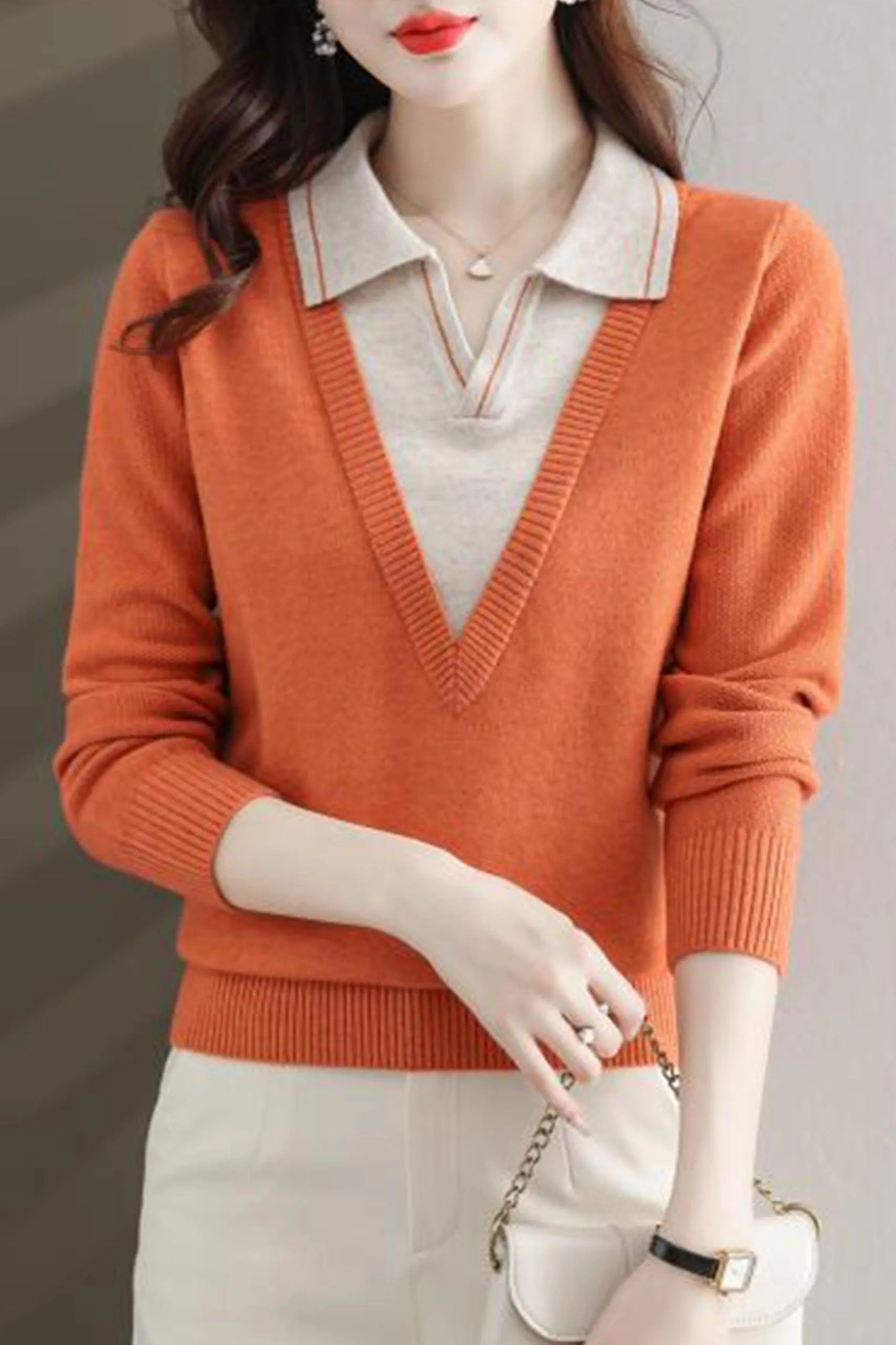 Collar Shirt V-Neck Patchwork Blouse Top
