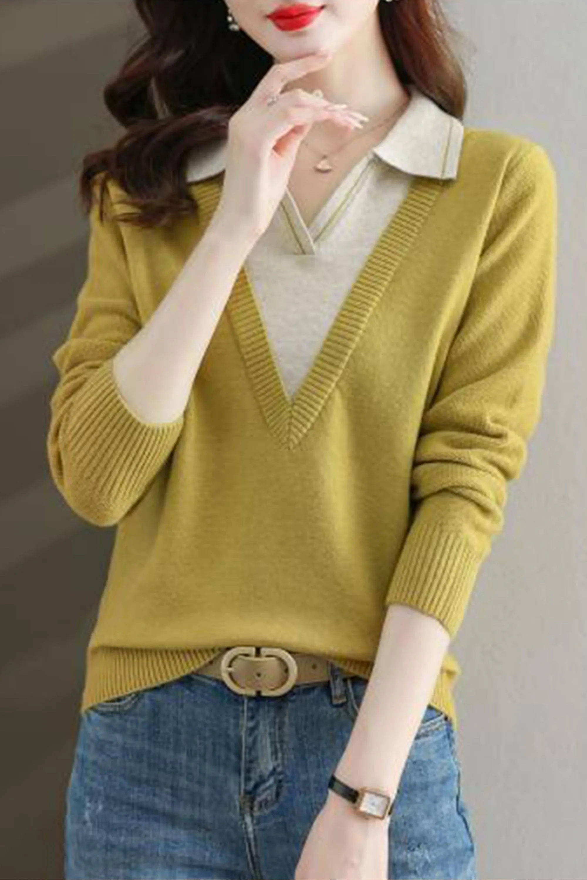 Collar Shirt V-Neck Patchwork Blouse Top