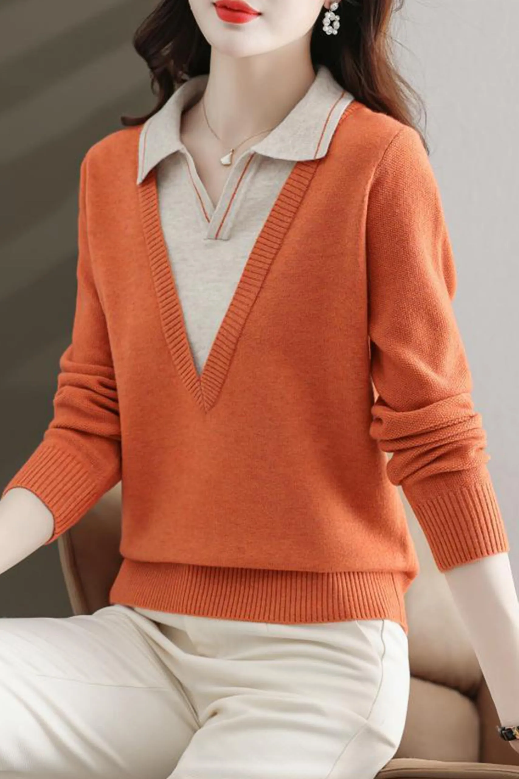 Collar Shirt V-Neck Patchwork Blouse Top
