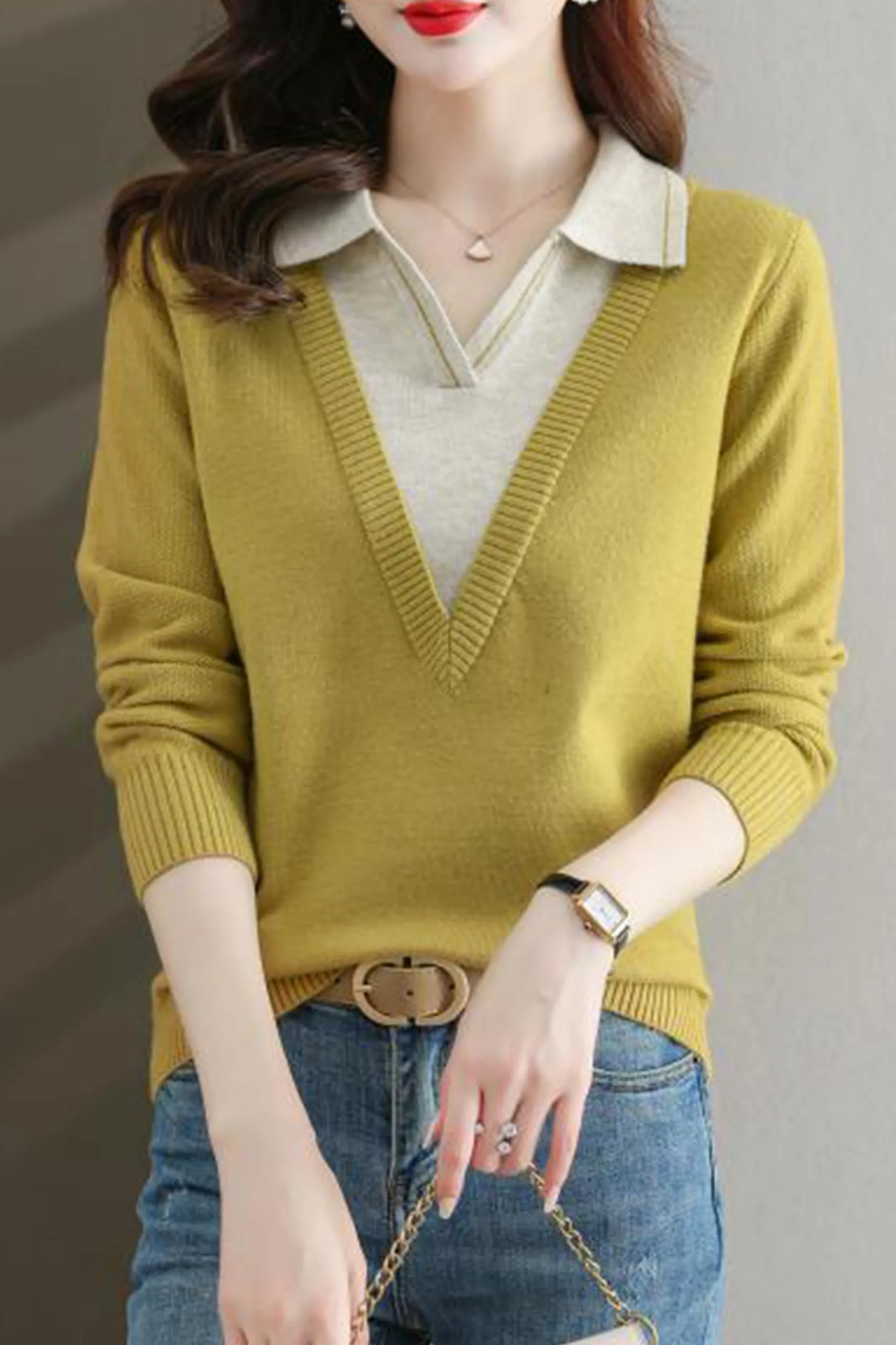 Collar Shirt V-Neck Patchwork Blouse Top