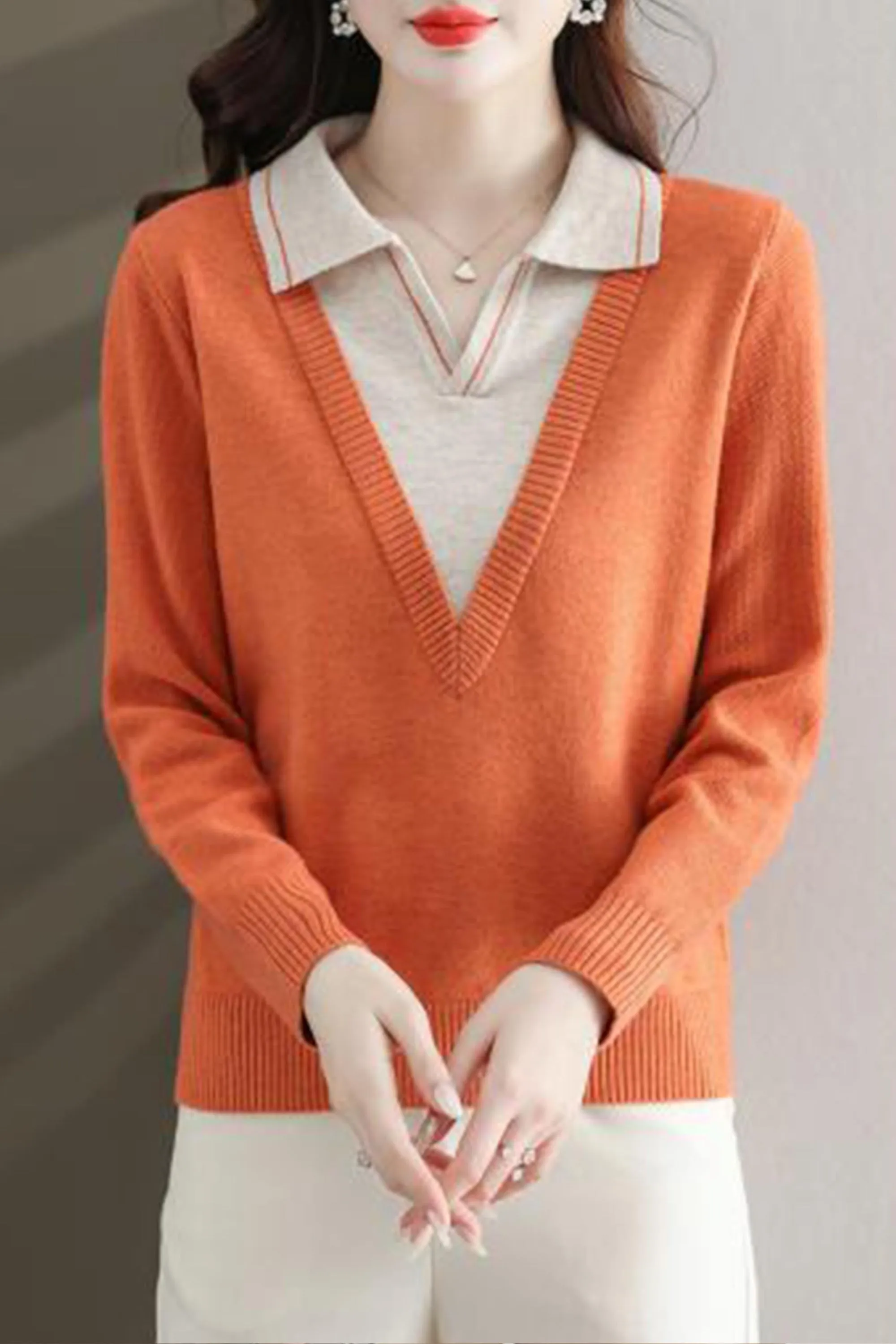 Collar Shirt V-Neck Patchwork Blouse Top
