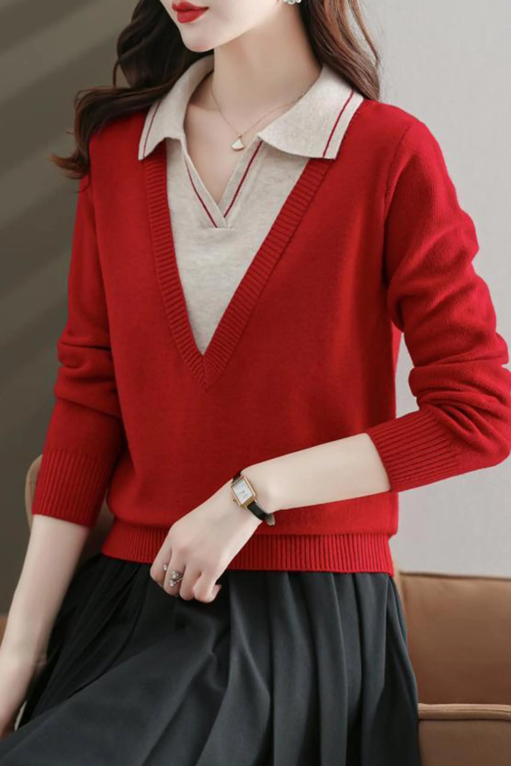 Collar Shirt V-Neck Patchwork Blouse Top