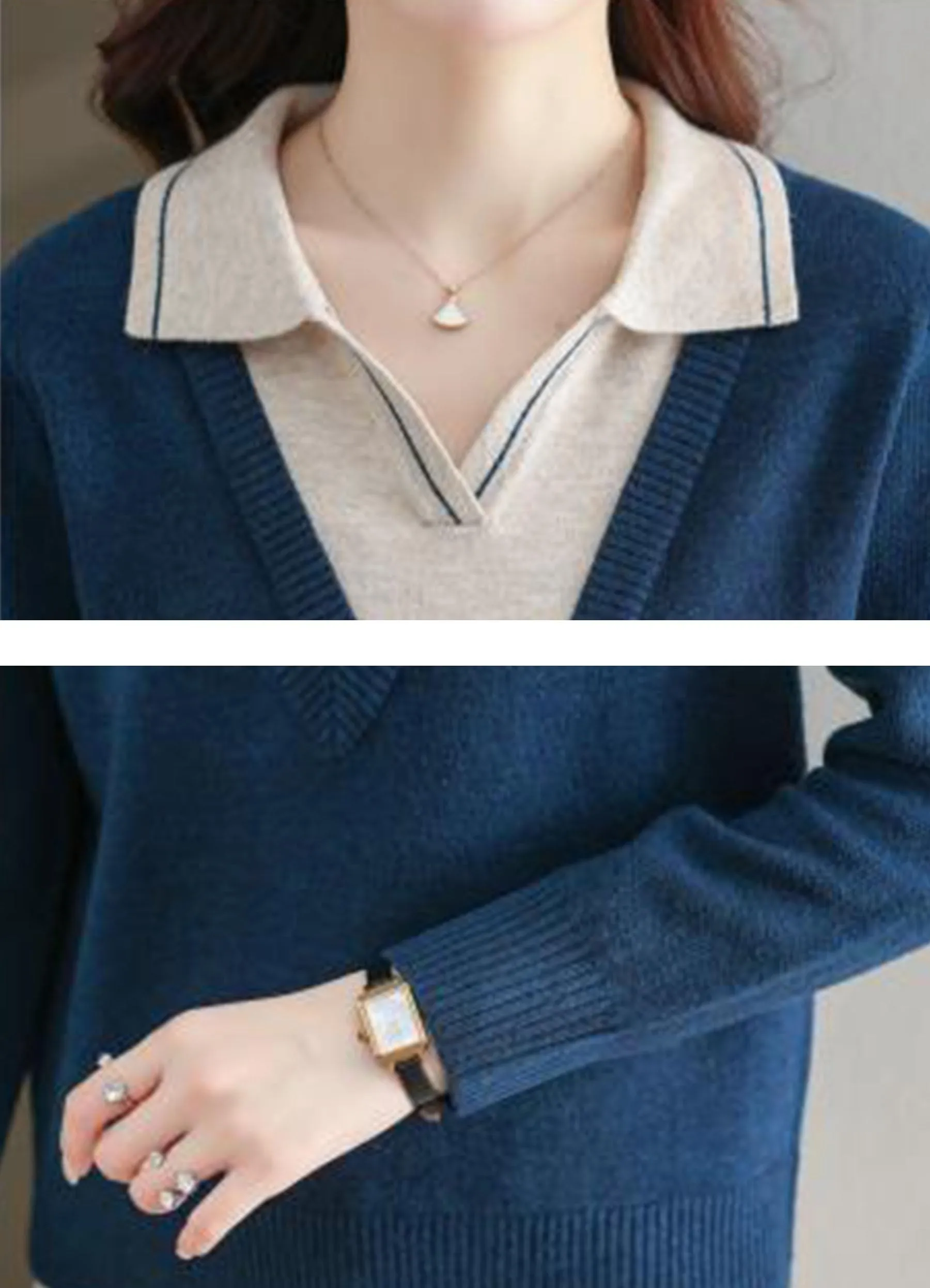 Collar Shirt V-Neck Patchwork Blouse Top