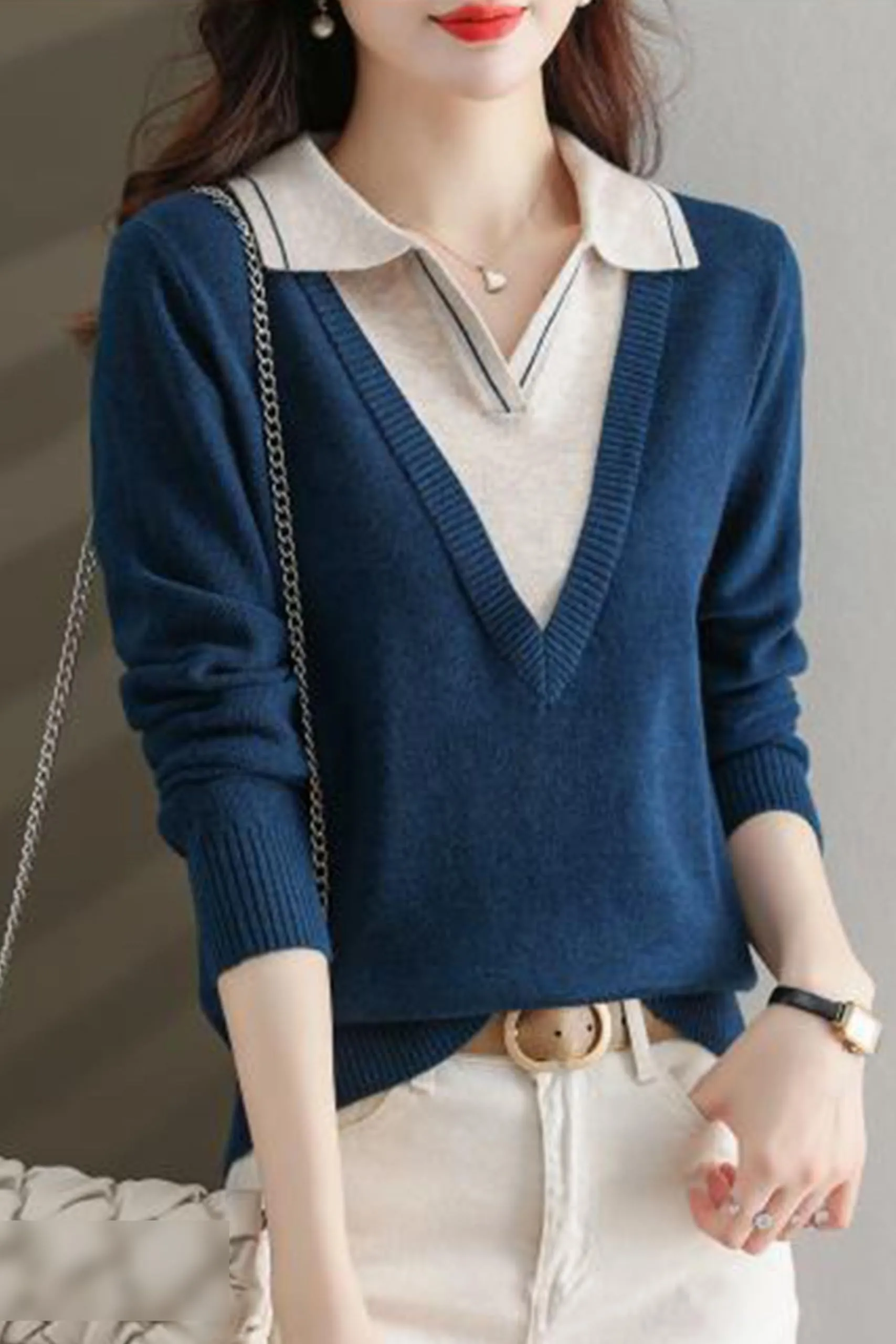 Collar Shirt V-Neck Patchwork Blouse Top