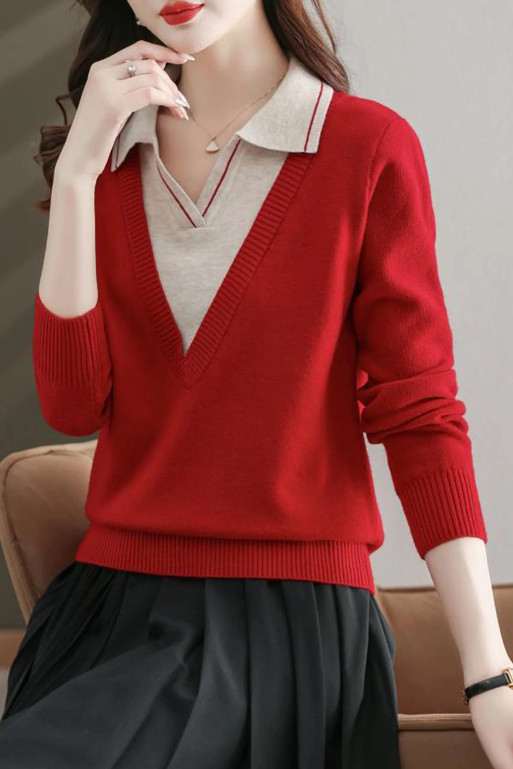 Collar Shirt V-Neck Patchwork Blouse Top