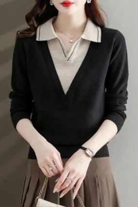 Collar Shirt V-Neck Patchwork Blouse Top