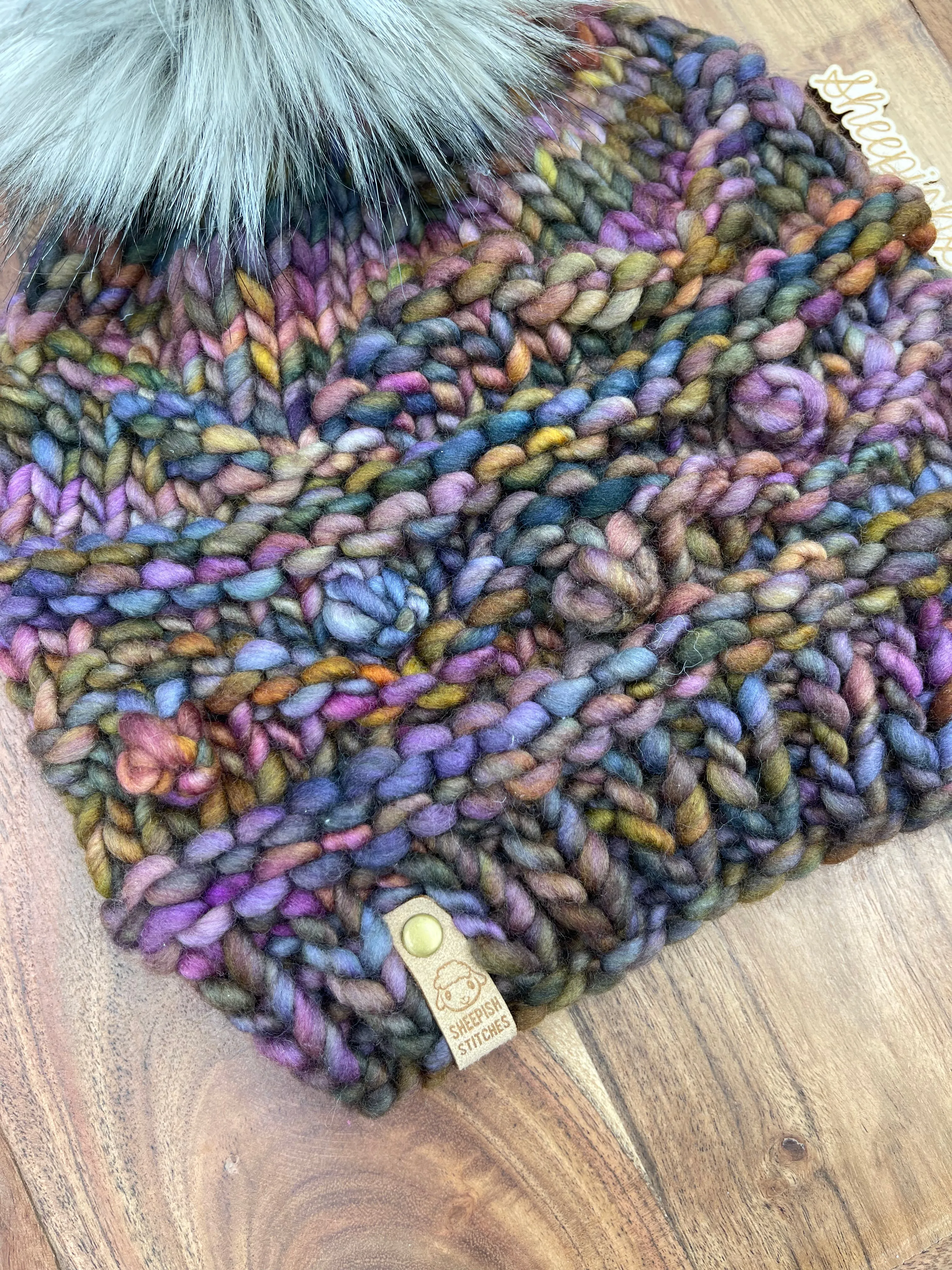 Deep jewel mix- Merino Wool Knit Hat with Faux Fur Pom Pom, Hand Knit Luxury Beanie, Ethically Sourced Merino Wool Toque
