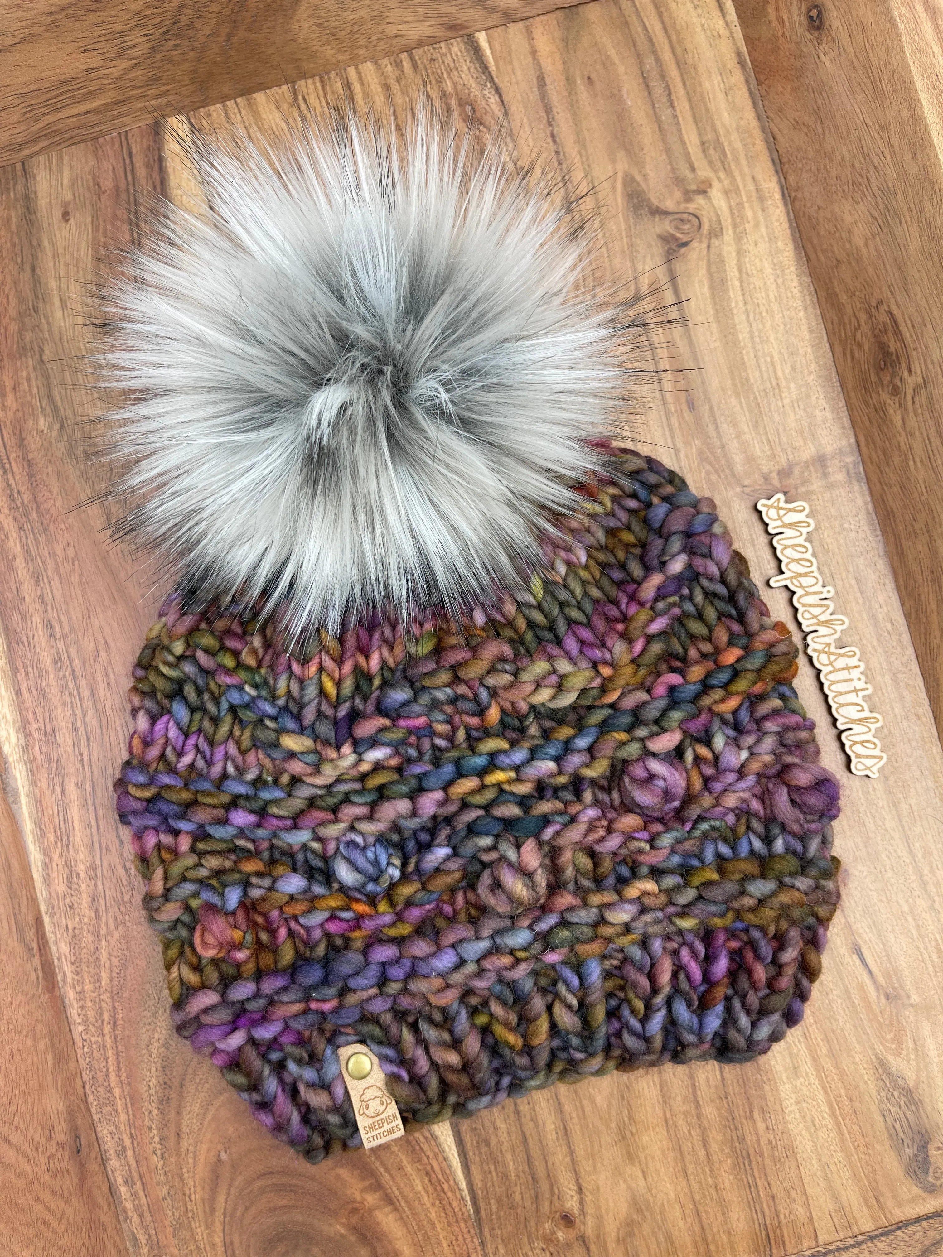 Deep jewel mix- Merino Wool Knit Hat with Faux Fur Pom Pom, Hand Knit Luxury Beanie, Ethically Sourced Merino Wool Toque