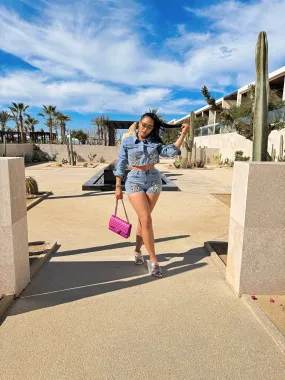 Denim bedazzled Crop & Shorts Set