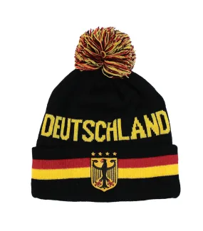 Deutschland/Germany Knit Hat with Pom Pom with yellow writing German colors and 4 star Soccer Champions and Eagle