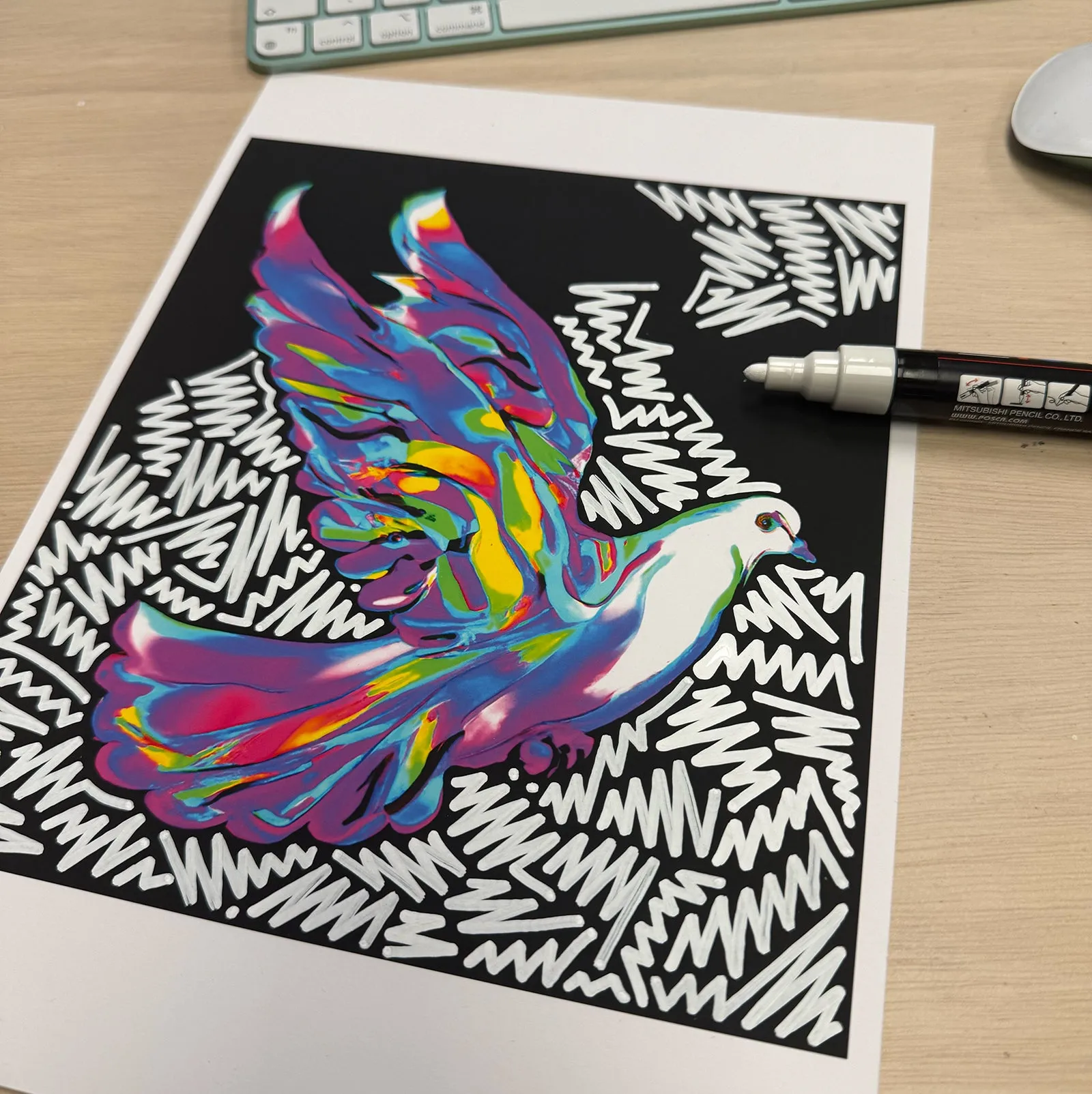 Doodle Dove Front Print - Tshirt - Black