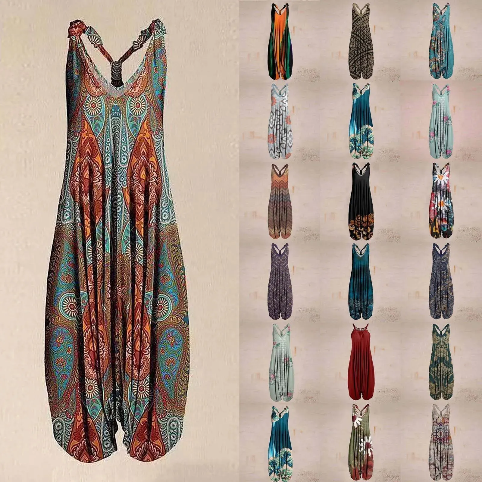 Fashionable Loose Racerback Pleated Jumpsuit With Spaghetti Straps Vintage Paisley Style Printed Overall Jumpsuit For Feamle