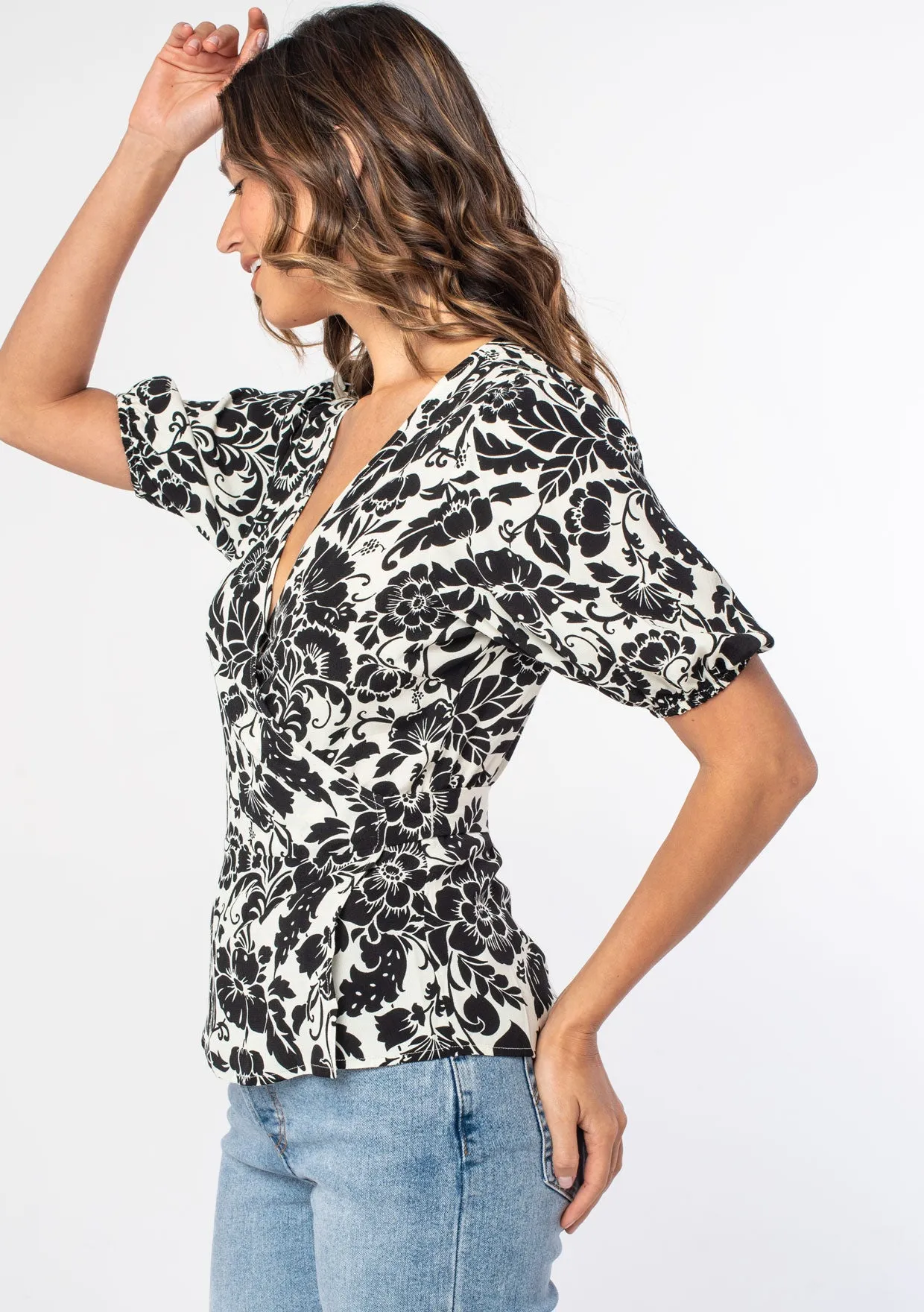 Floral Puff Sleeve Wrap Top