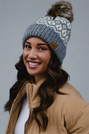 Grey & Cream Pattern Pom Hat