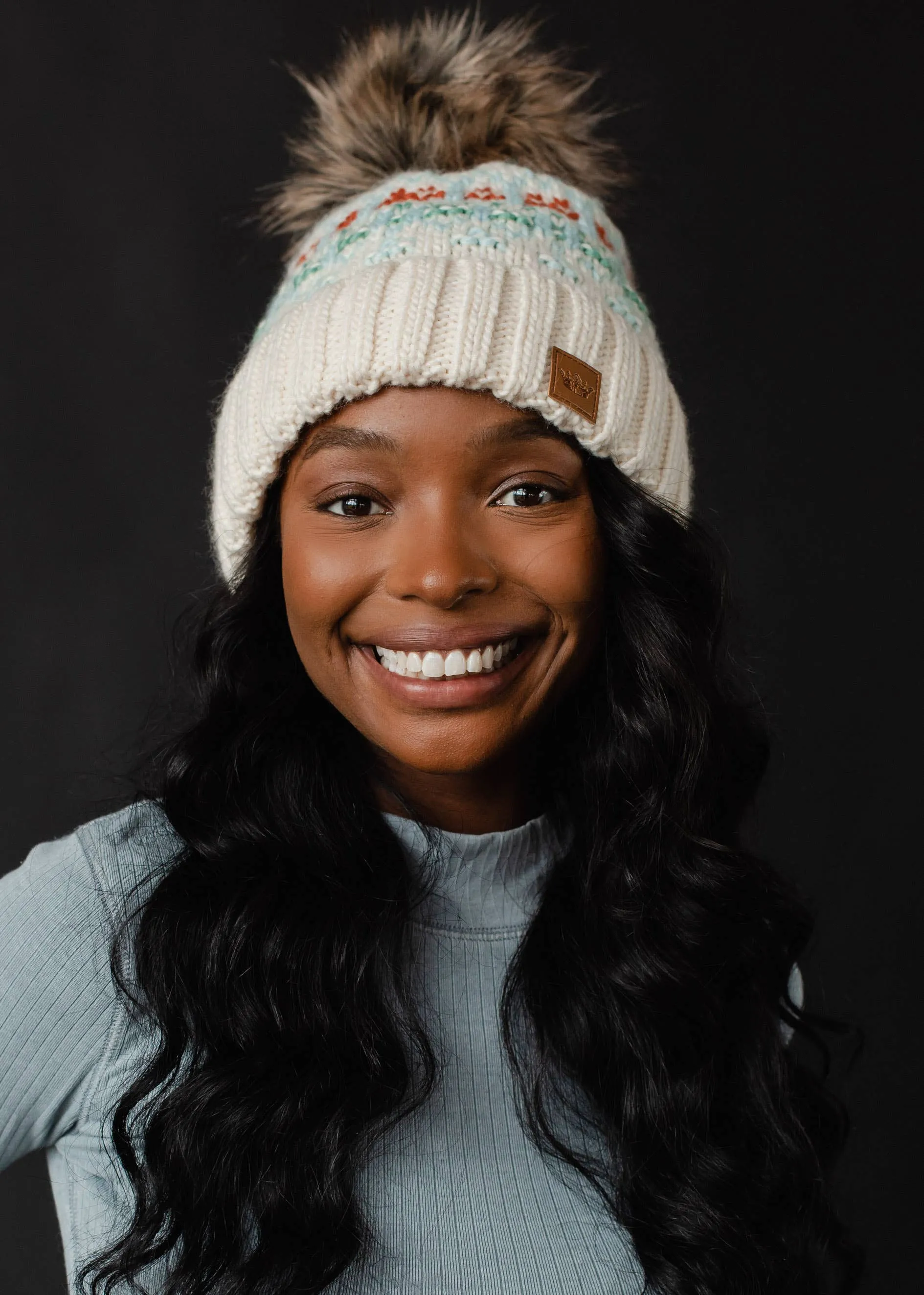 Ivory, Lt. Blue, Mint & Orange Patterned Pom Hat *final sale