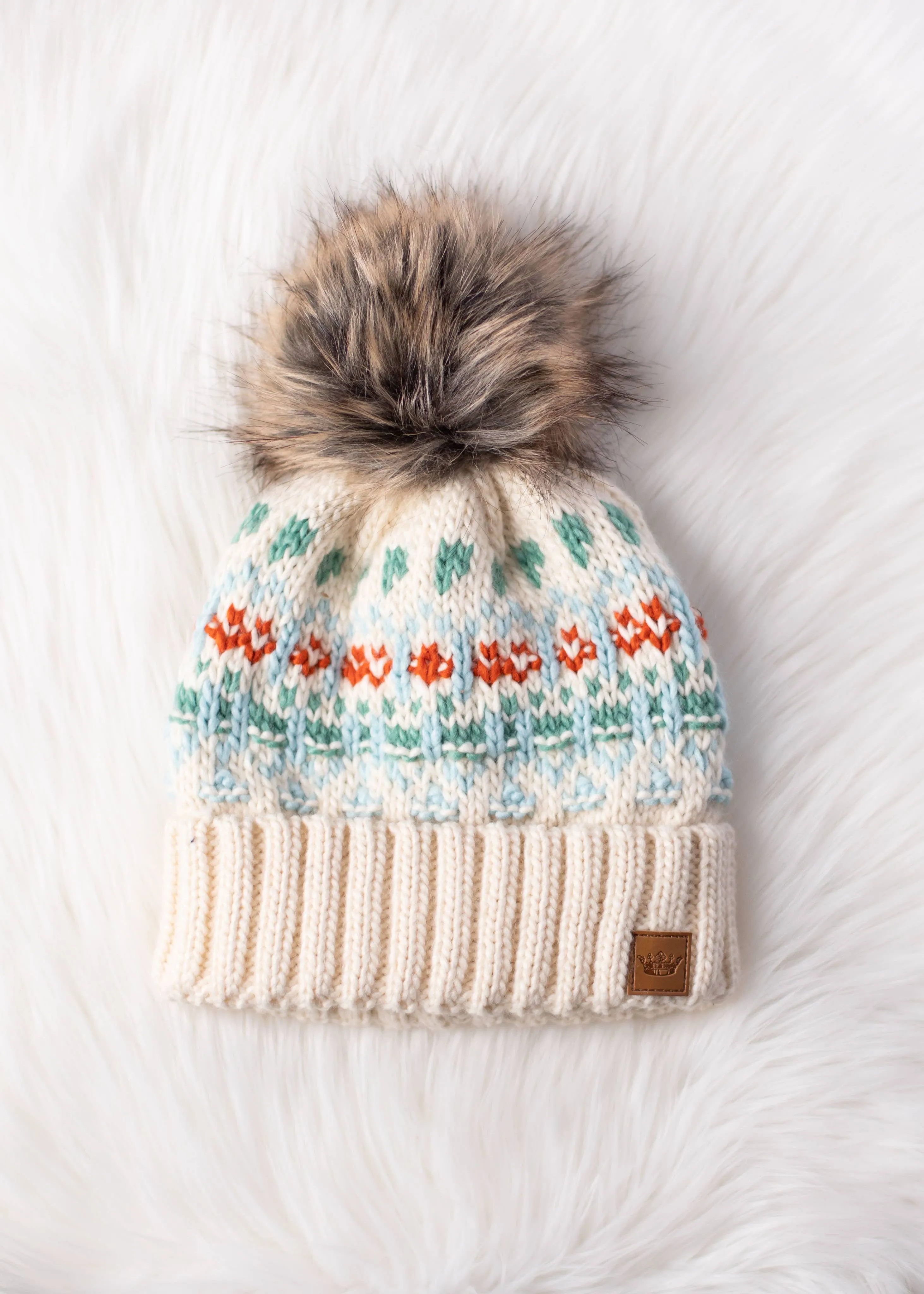 Ivory, Lt. Blue, Mint & Orange Patterned Pom Hat *final sale