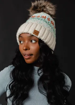 Ivory, Lt. Blue, Mint & Orange Patterned Pom Hat *final sale