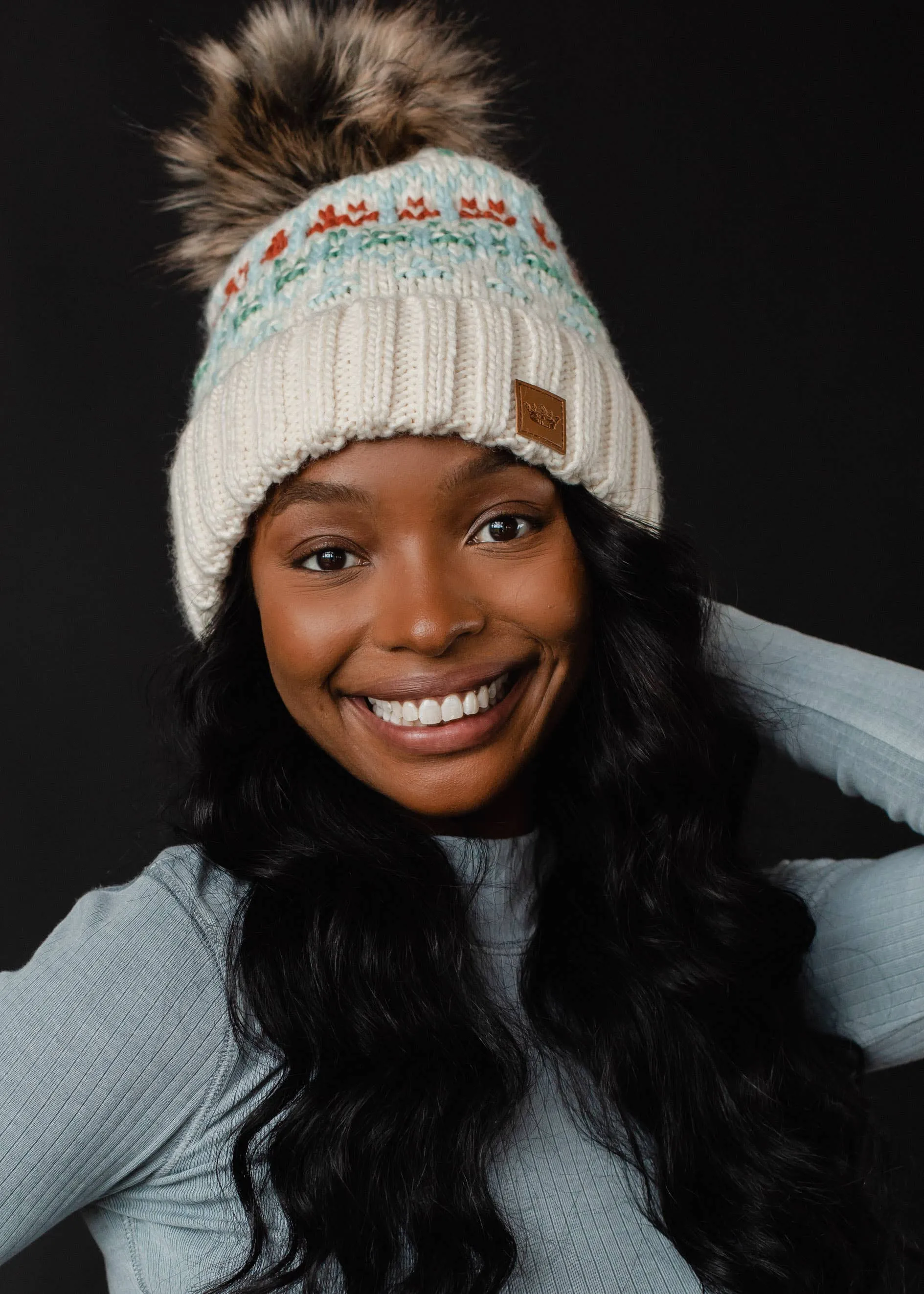 Ivory, Lt. Blue, Mint & Orange Patterned Pom Hat *final sale