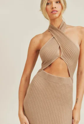 Knit Halter Cut Out MIDI Dress