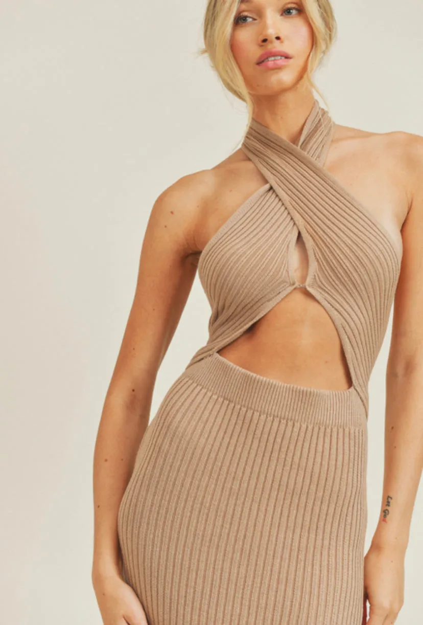 Knit Halter Cut Out MIDI Dress