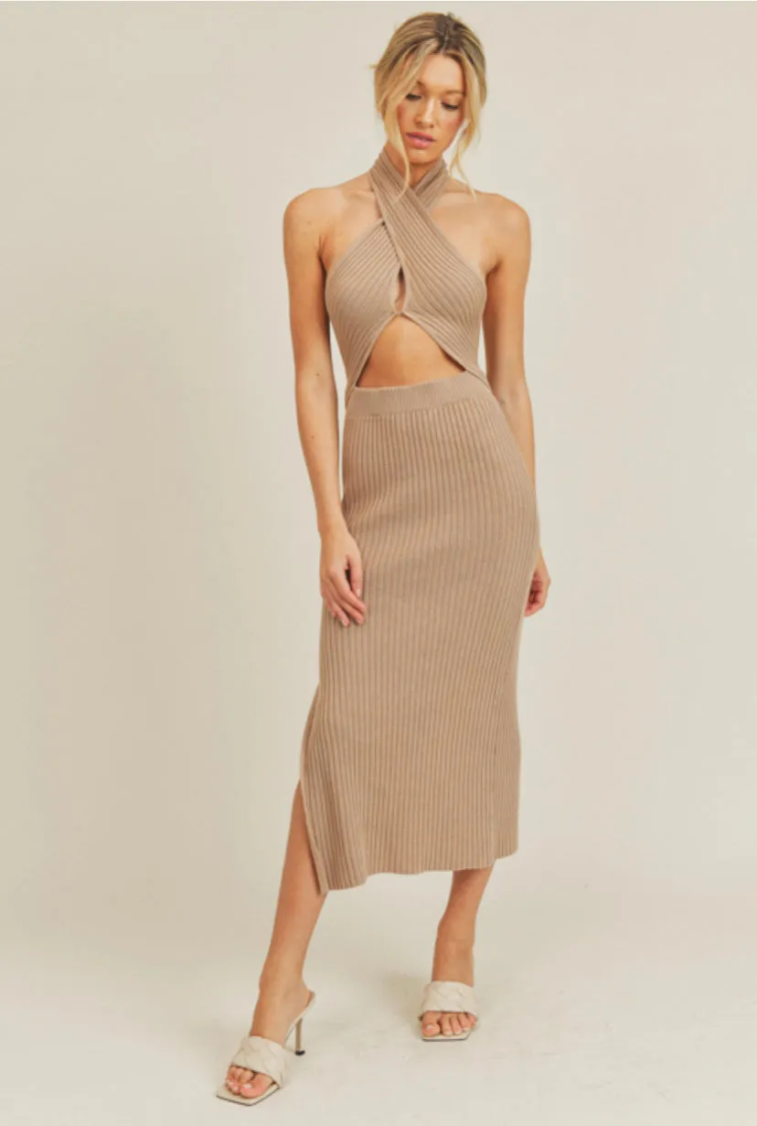 Knit Halter Cut Out MIDI Dress