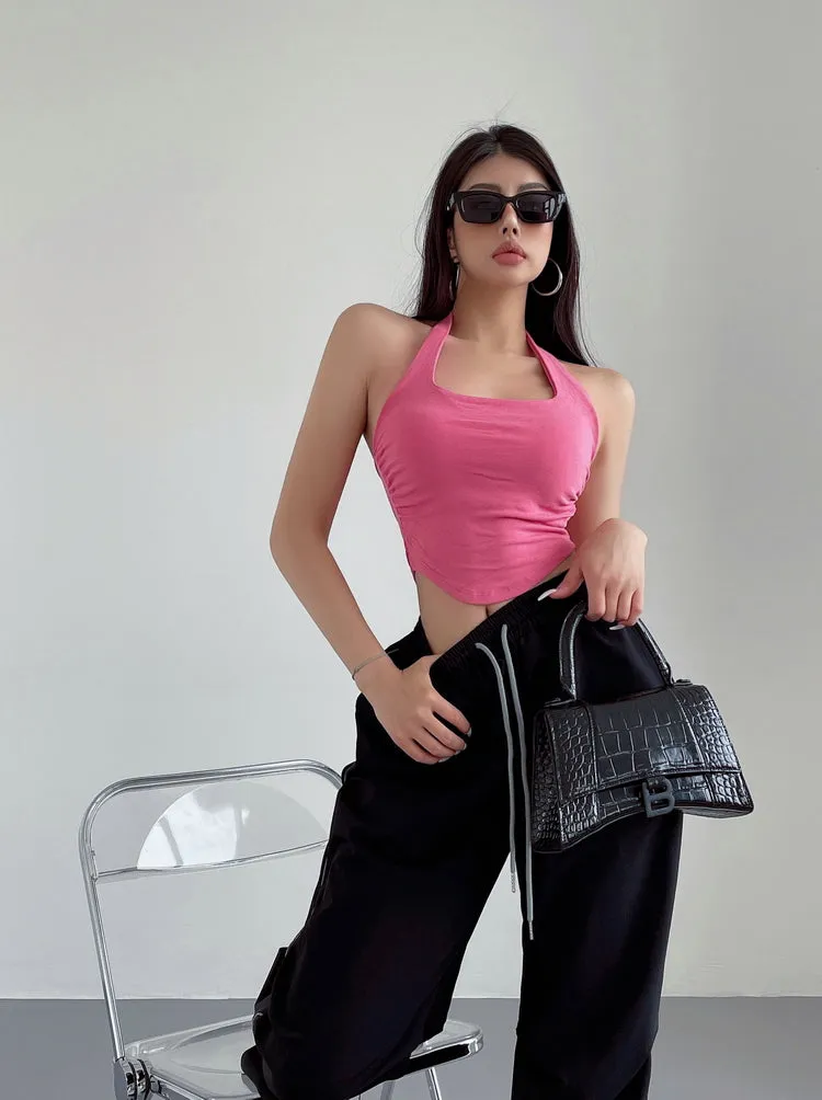 Liana Solid Color Halter Neck Slim Cropped Top