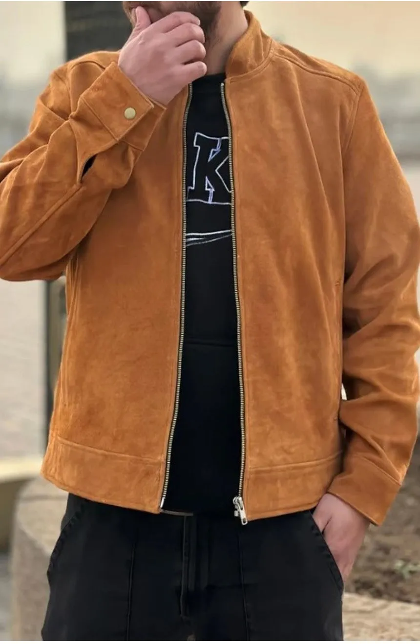 Lorry Genuine Tan Suede Leather Jacket Men Biker Motorcycle